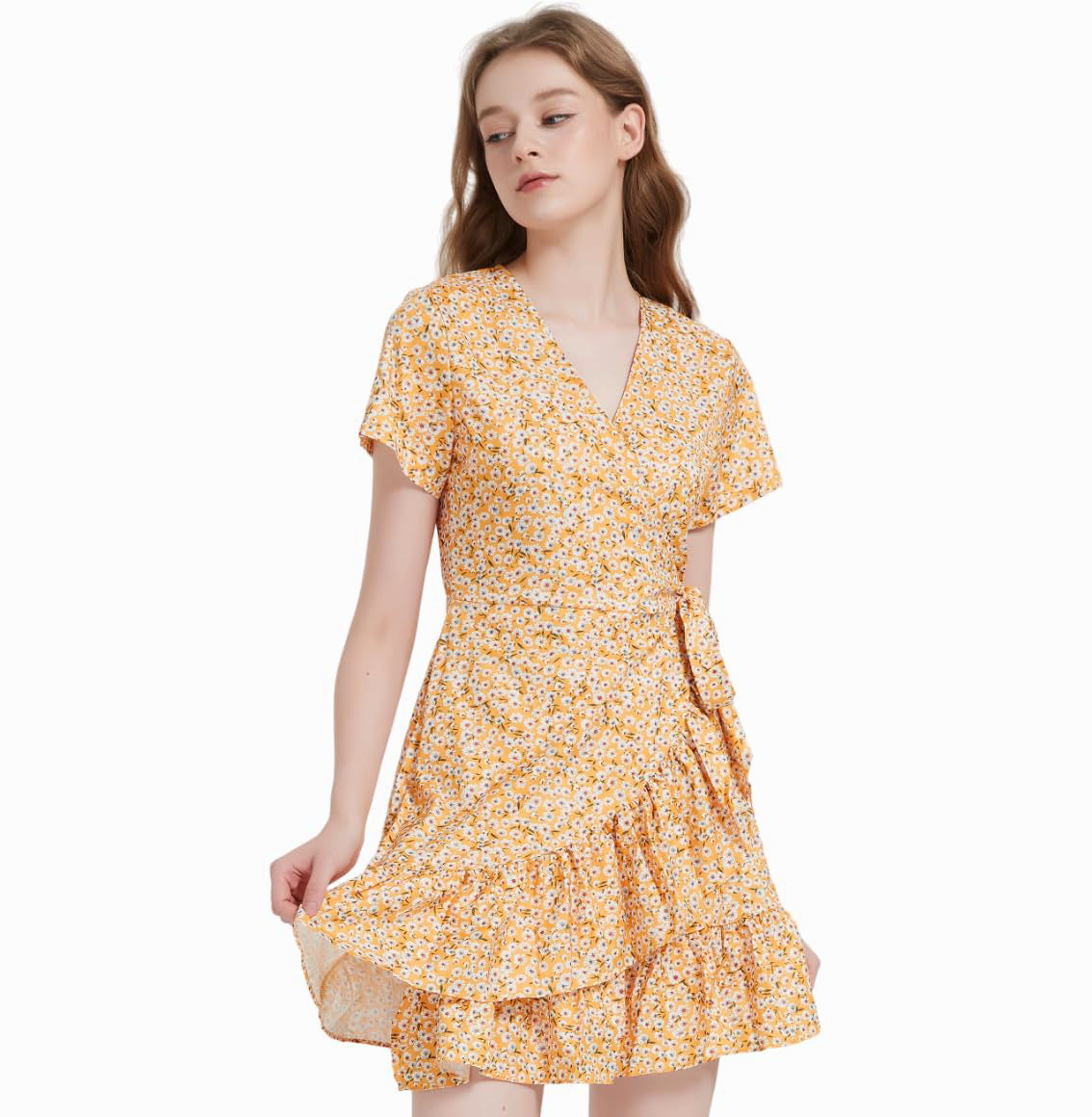 Yellow Flora Ruffles V-neck Wrap Cute Mini Dress