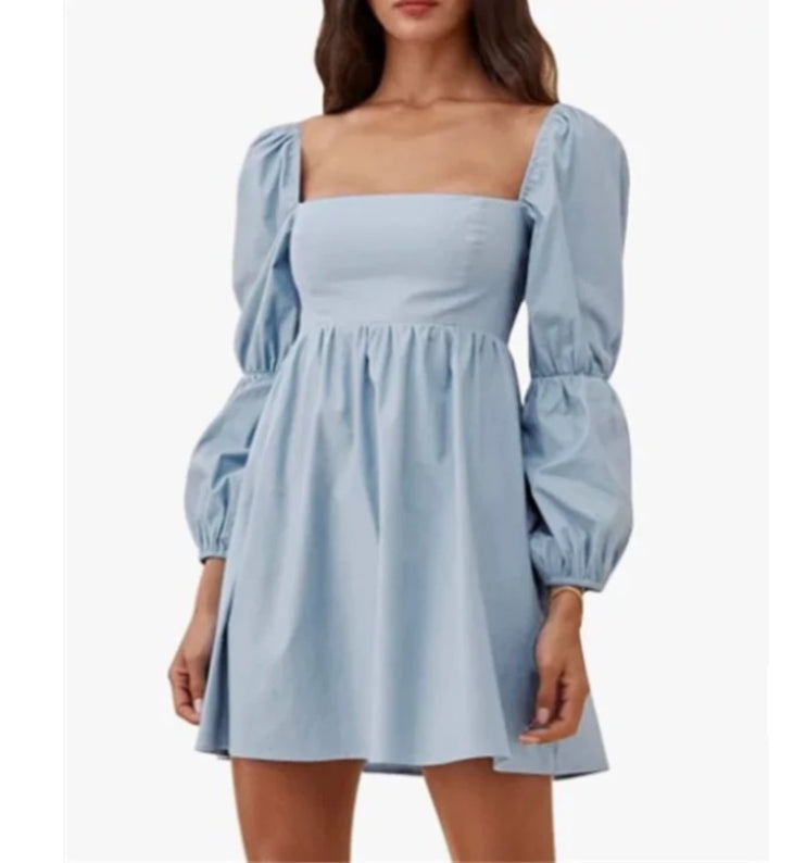 Blue Long Sleeve Square Neckline Cotton Mini Dress