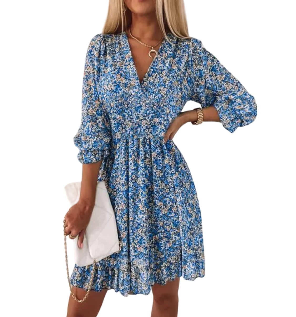 Blue Flora Long Sleeve Mini Dress