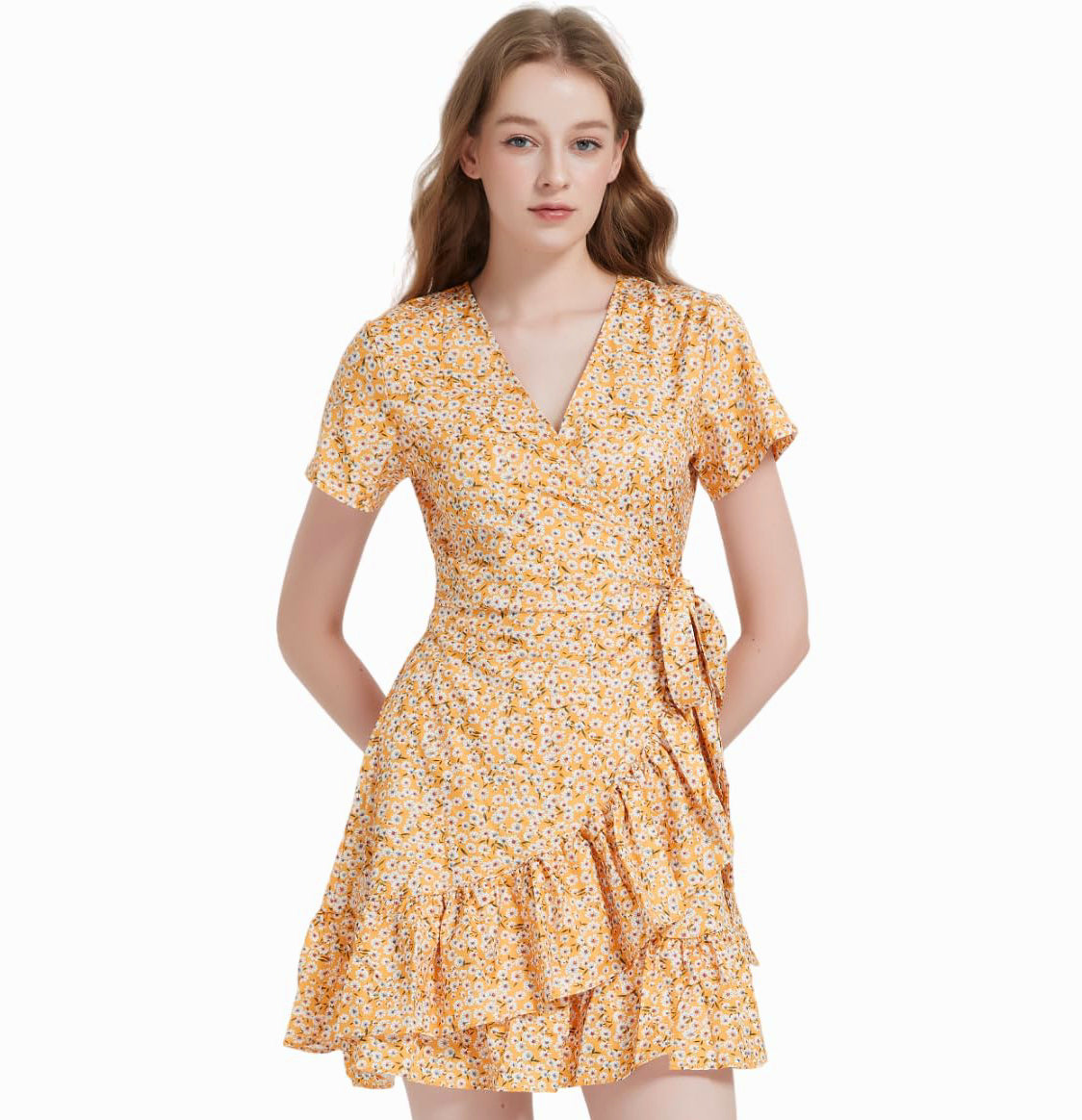 Yellow Flora Ruffles V-neck Wrap Cute Mini Dress