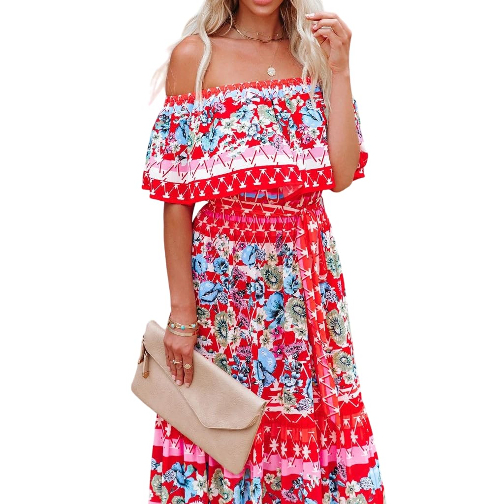 Red Flora Puff Sleeve Soft Cotton Maxi Dresses