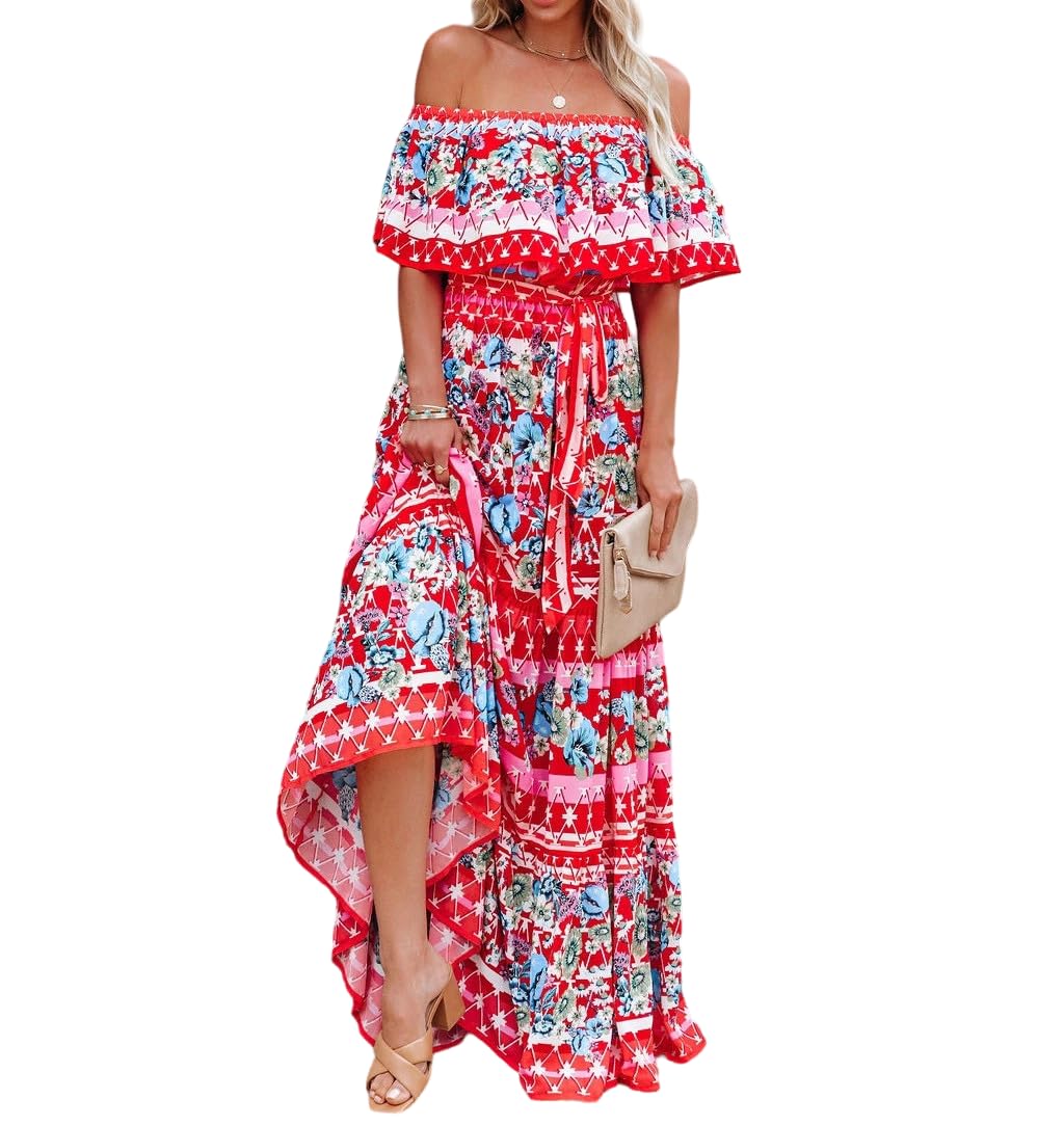 Red Flora Puff Sleeve Soft Cotton Maxi Dresses