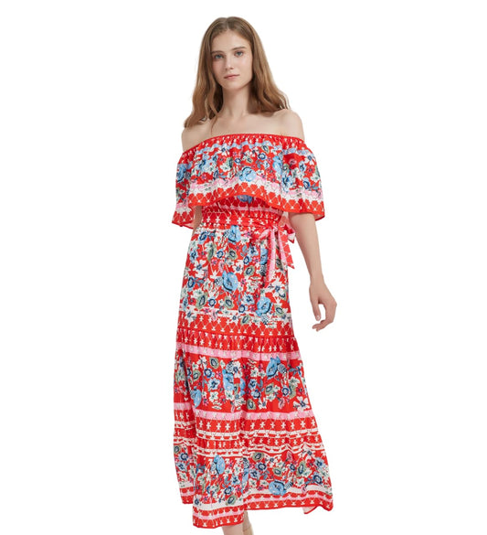 Red Flora Puff Sleeve Soft Cotton Maxi Dresses