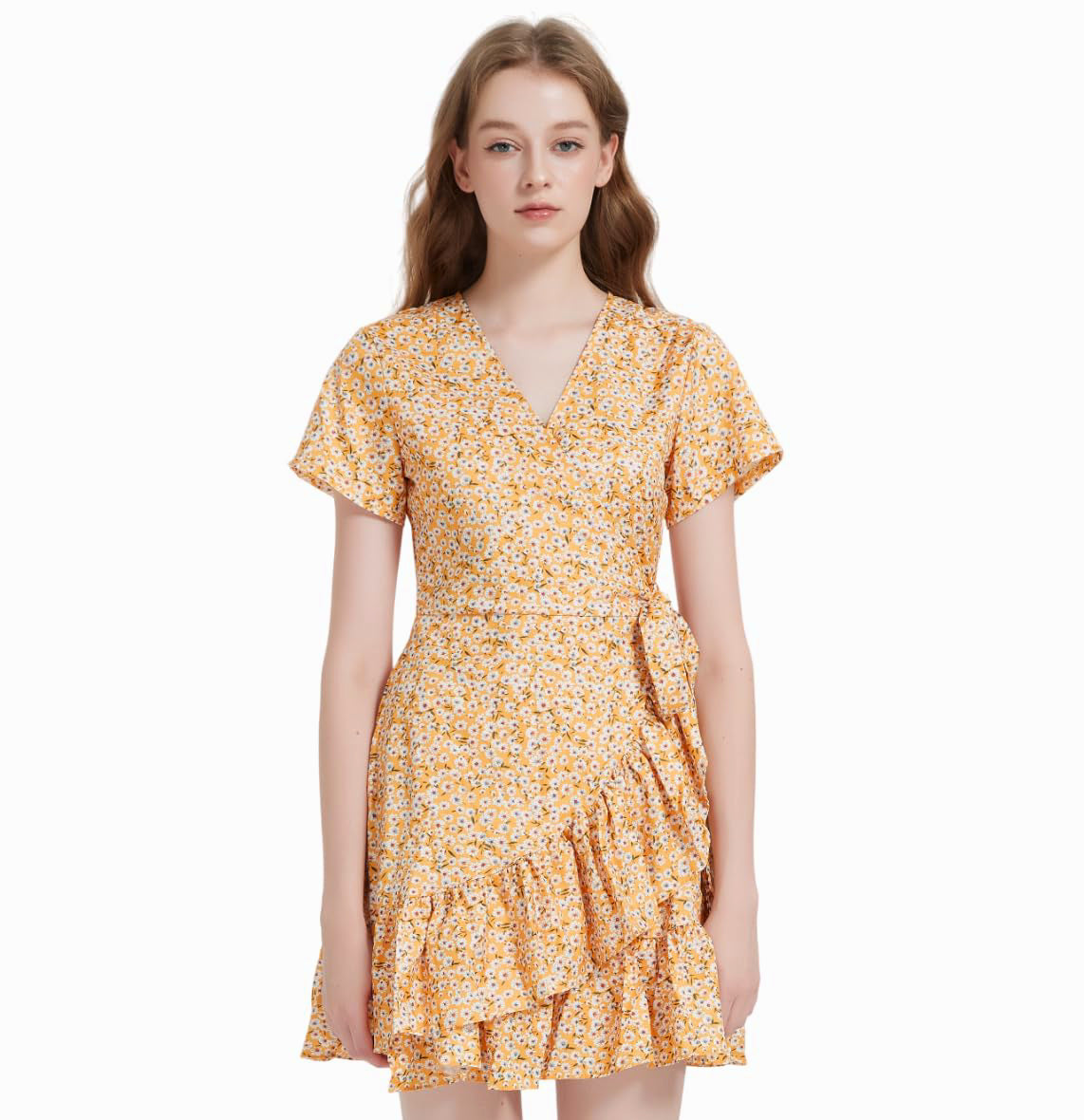 Yellow Flora Ruffles V-neck Wrap Cute Mini Dress