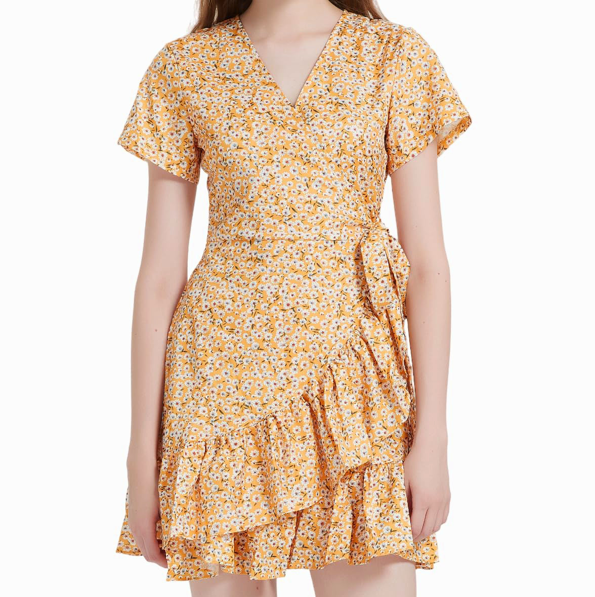 Yellow Flora Ruffles V-neck Wrap Cute Mini Dress