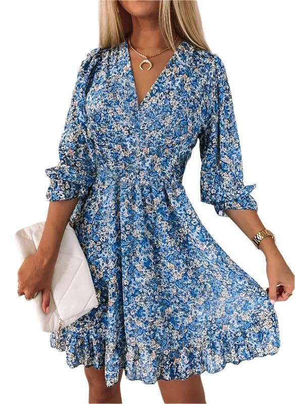 Blue Flora Long Sleeve Mini Dress