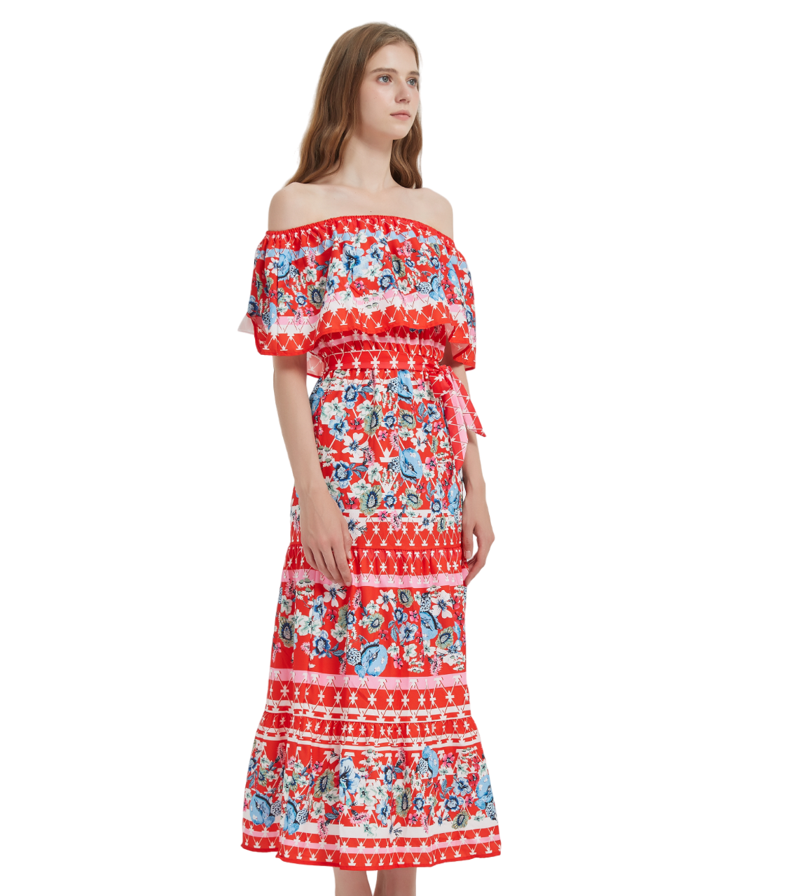 Red Flora Puff Sleeve Soft Cotton Maxi Dresses