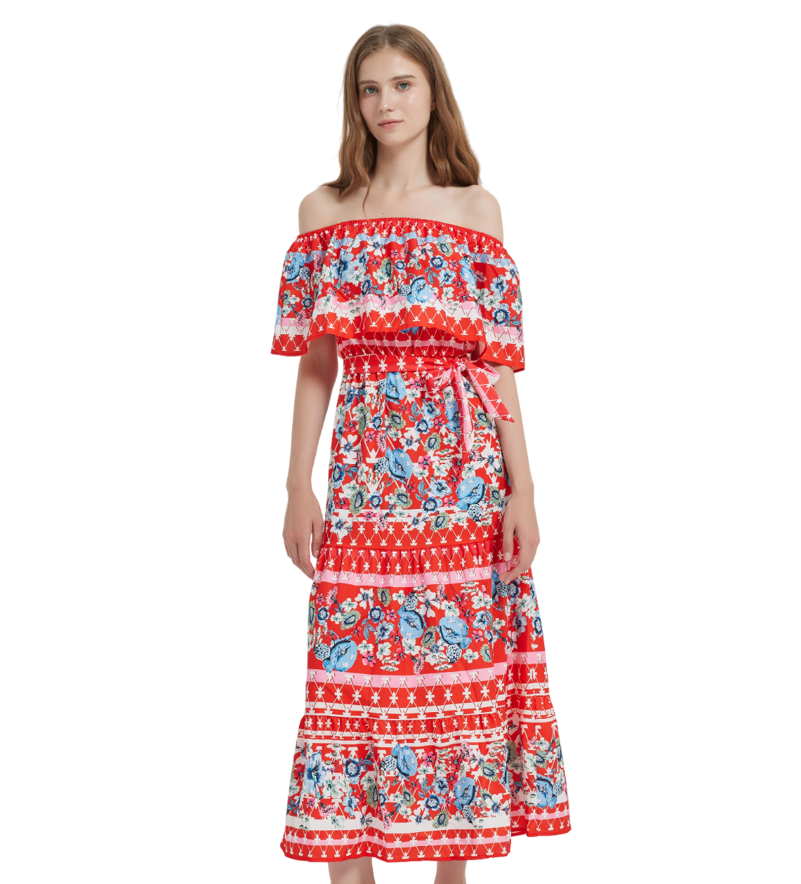 Red Flora Puff Sleeve Soft Cotton Maxi Dresses