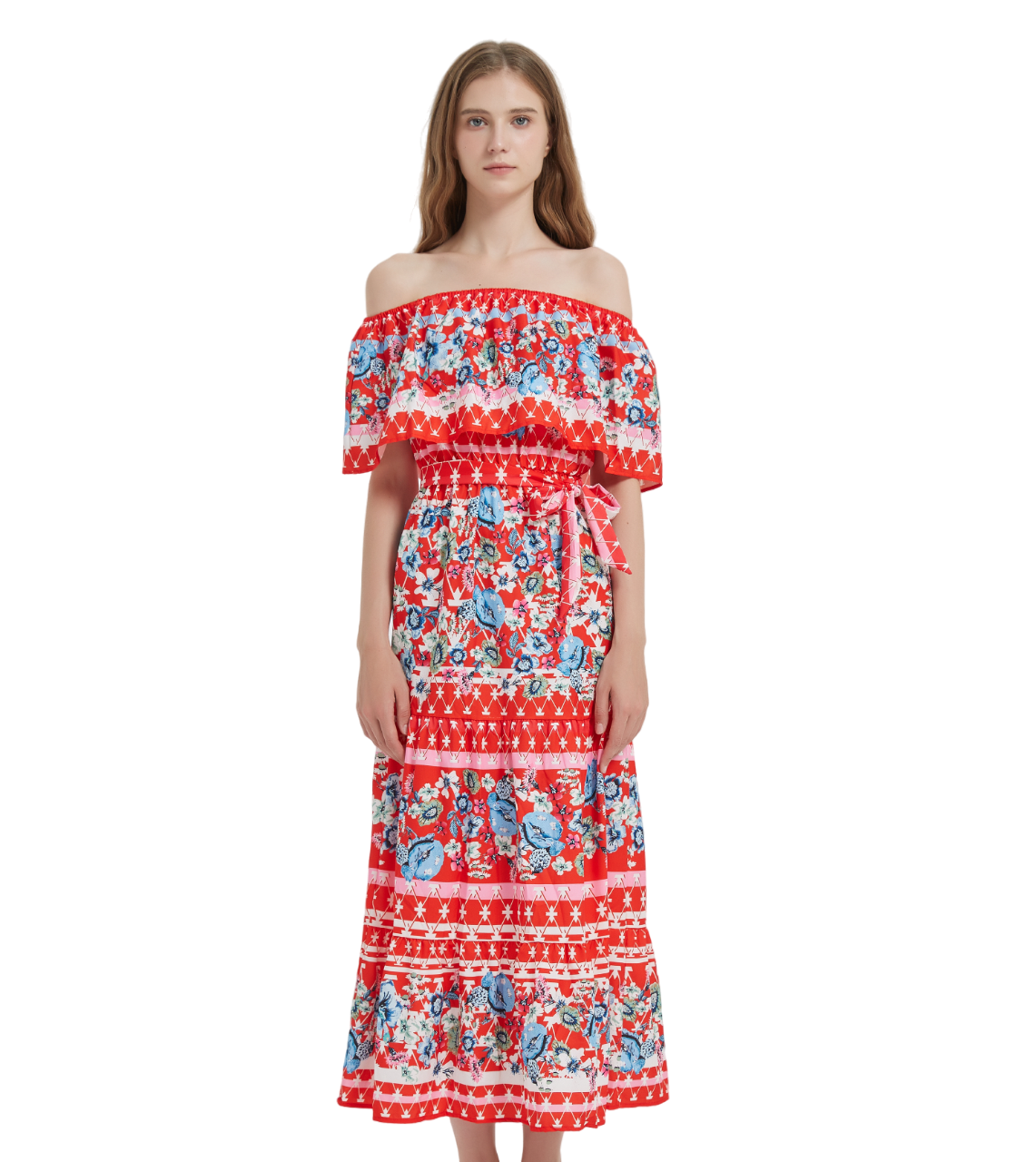 Red Flora Puff Sleeve Soft Cotton Maxi Dresses